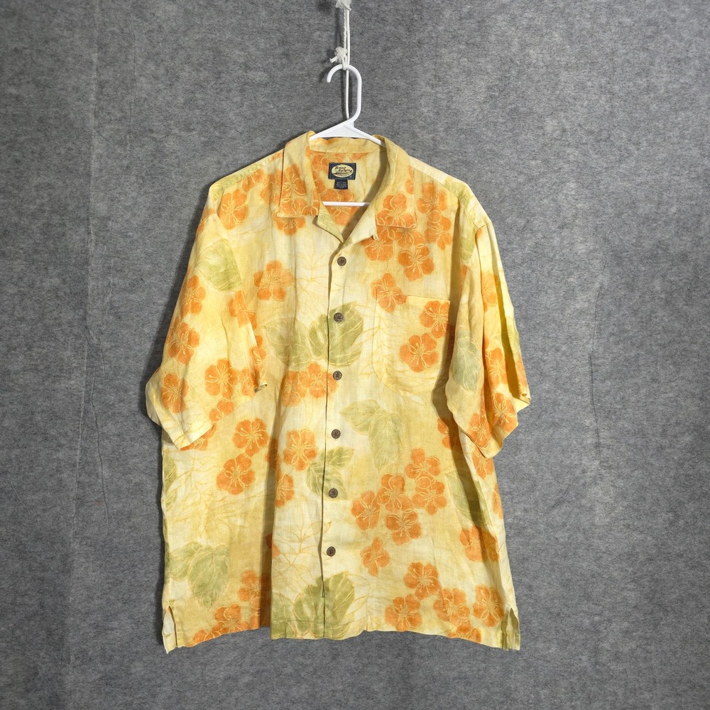 Tommy Bahama Linen Shirt Mens L Yellow Floral Short Sleeve Button Up Camp Aloha